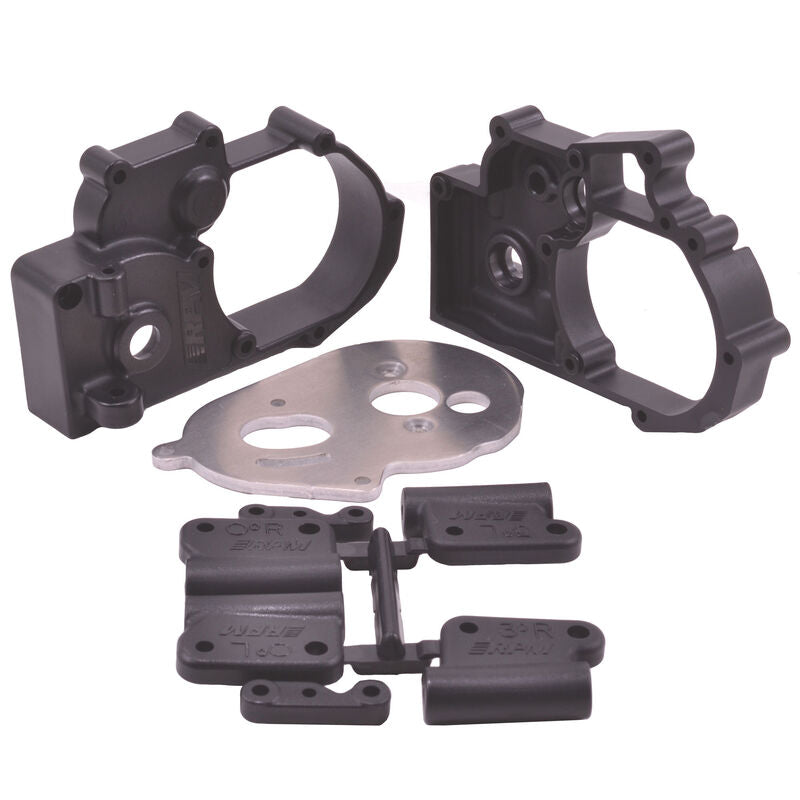 Gearbox Housing & R Mounts,Black:TRA 2WD Vehicles
